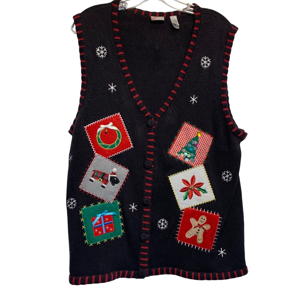 Holiday Editions Sweater Vest XL Black Christmas Patchwork Gingerbread Snowflake